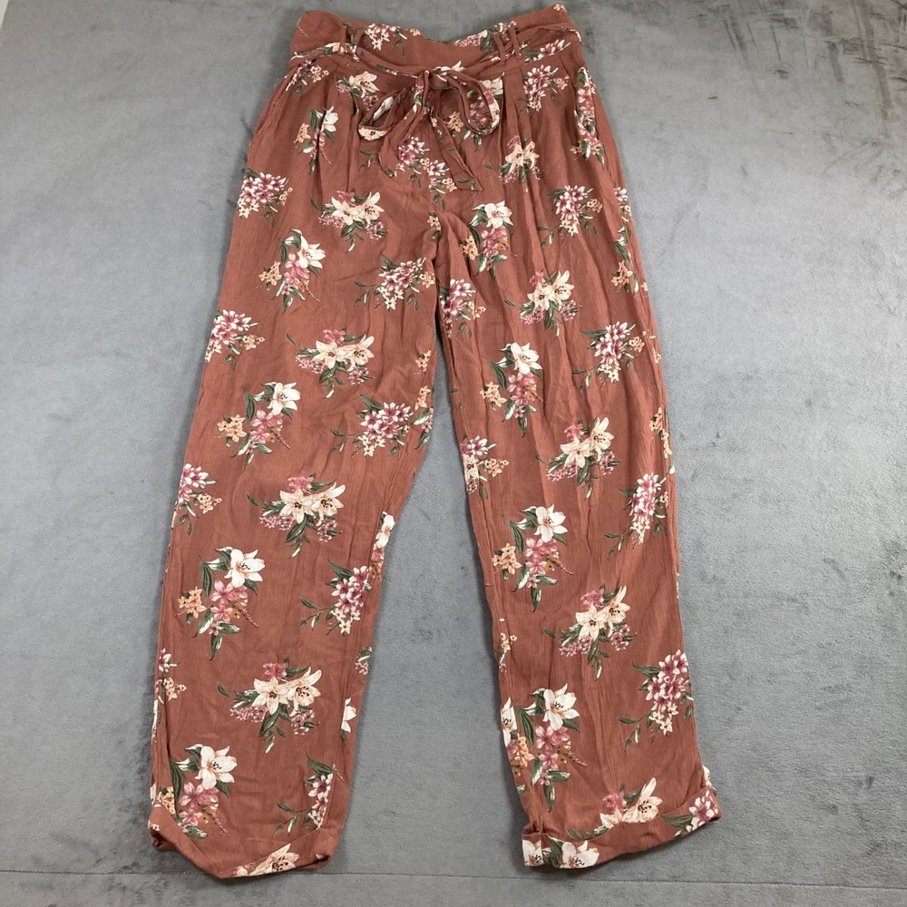 American Eagle Floral Paperbag Waist Pants Rust Orange Viscose Size M